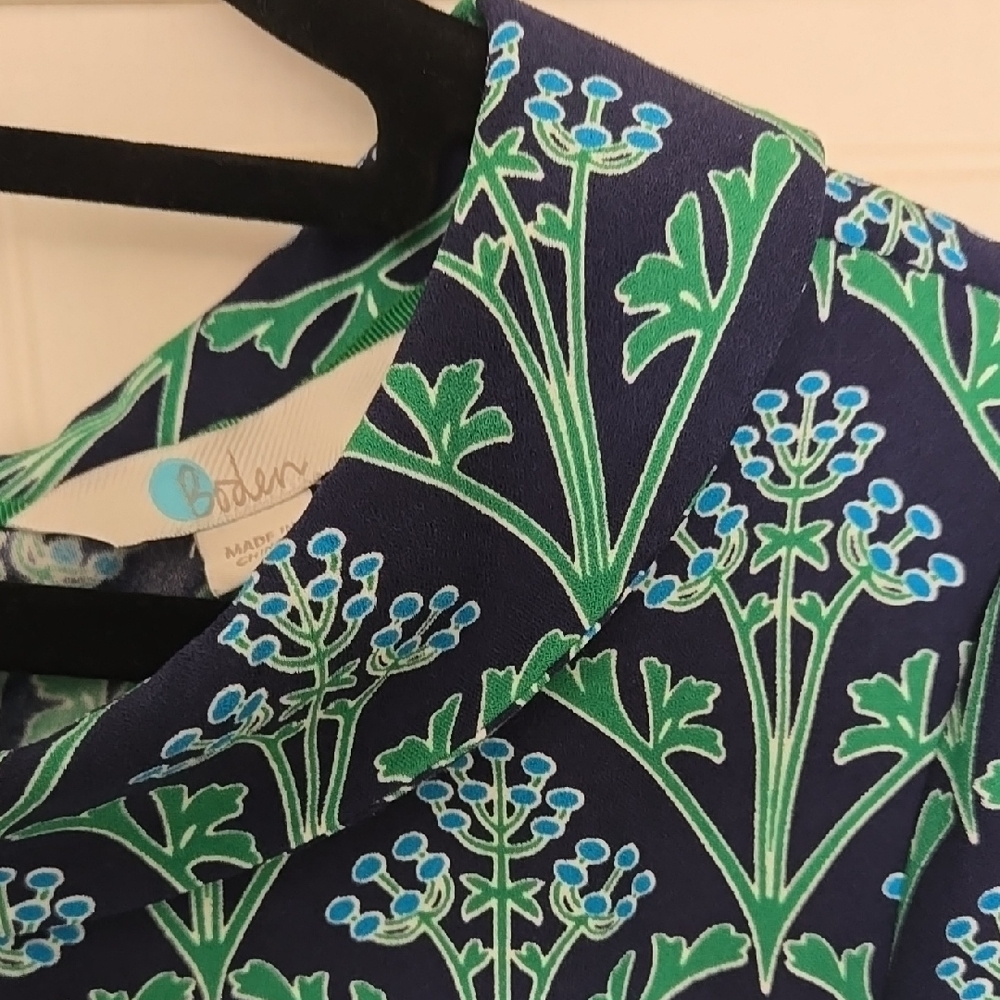 Boden Navy Floral-Print Midi Dress with Green and Blue Motif